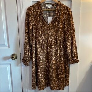NWT Lucky Brand Long Sleeve Boho Earth Tone Mini Dress Floral Print Womens Small